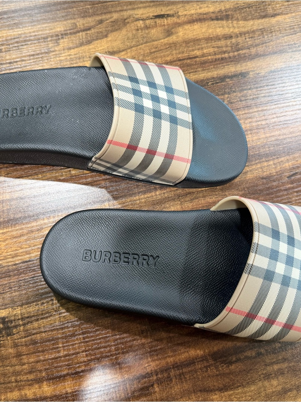 Burberry Plaid Slide Sandals in Beige and Black - Picture 3 of 9